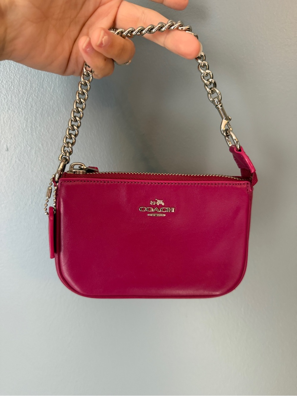 Coach Pink Leather Mini Wristlet with Silver Chain